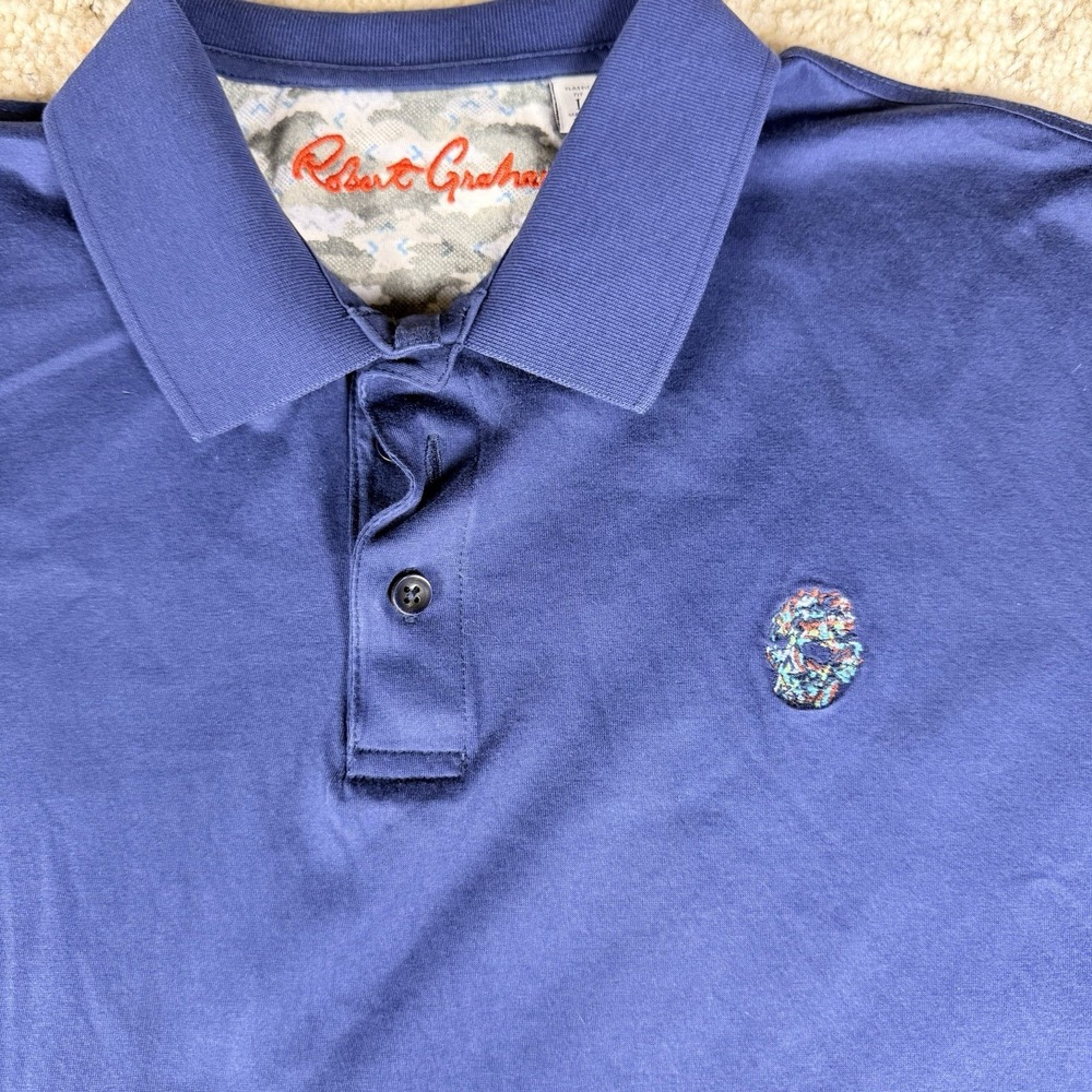 Robert Graham Polo Shirt Mens‎ Large Blue Camo Collar Skull Embroidered Casual